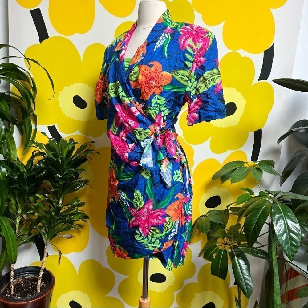 Vintage 80s / 90s Neon Tropical Hawaiian Tiki 3 piece Beach Vacation Skirt Set